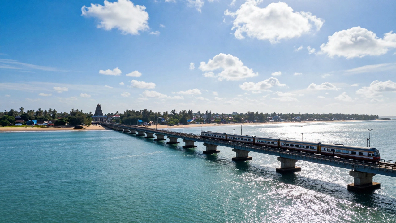 Pamban Bridge stretching over turquoise water towards Rameshwaram island and temple.