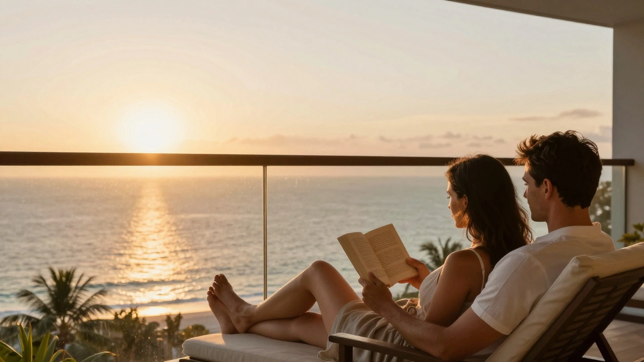 Relaxed couple reading on a tropical balcony at sunset