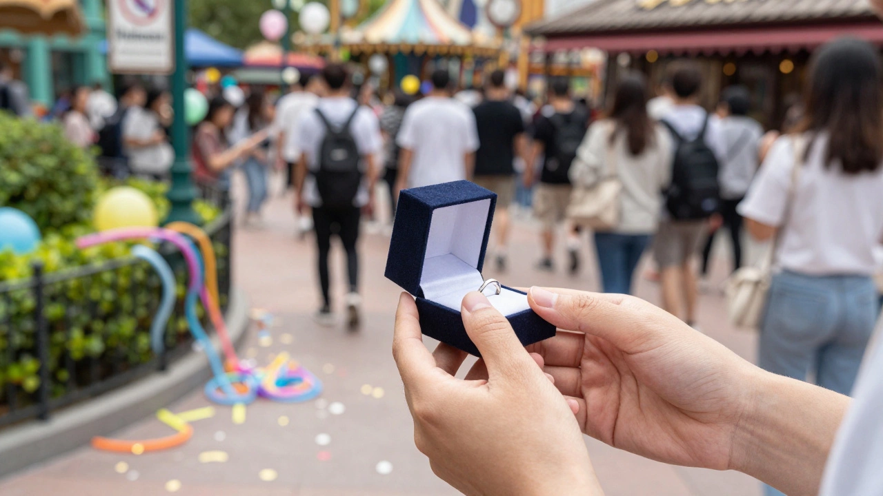 Ring box held amidst banned balloons and confetti debris