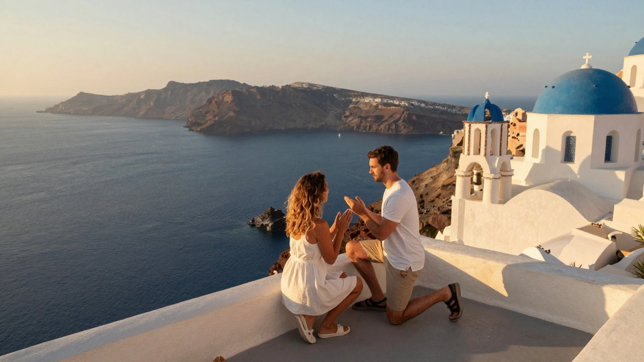 Romantic proposal on Santorini balcony overlooking sea