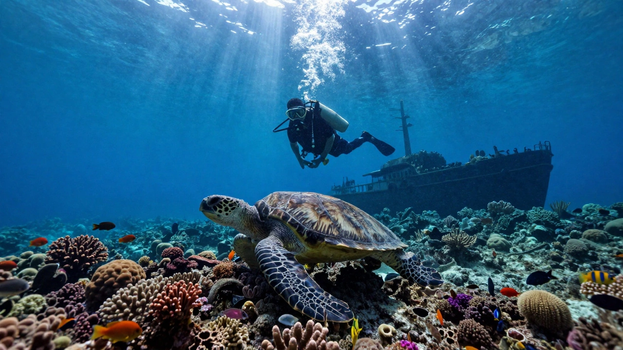Scuba diver swimming with a sea turtle in Andaman waters