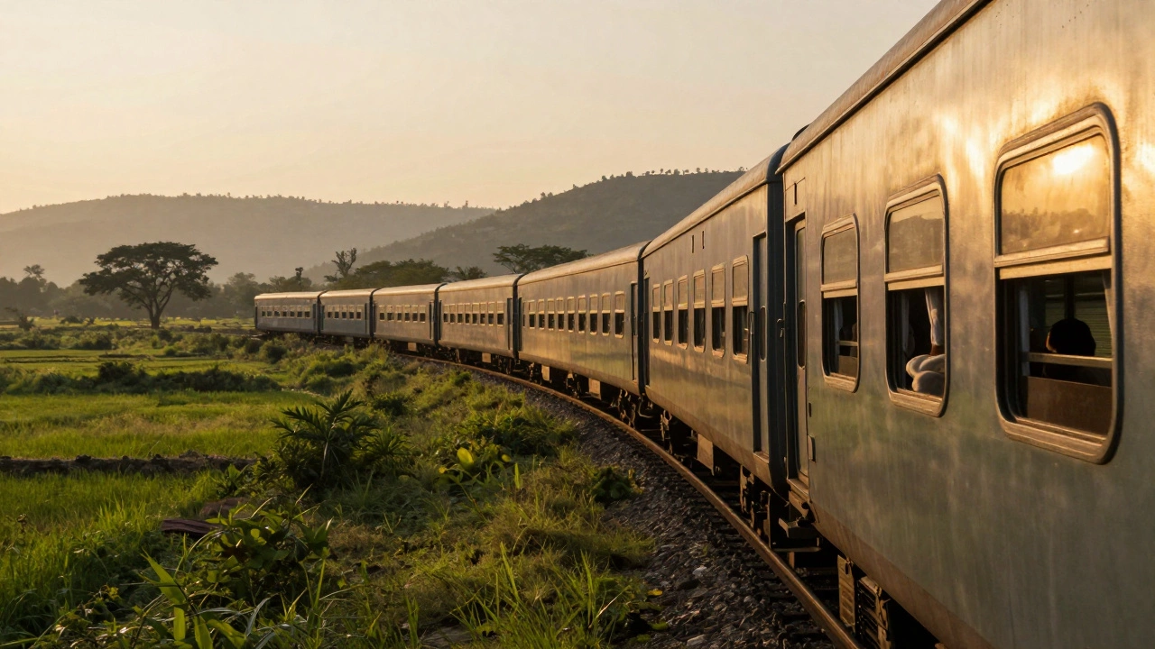 Sleeper train traveling through scenic Indian countryside during sunrise.