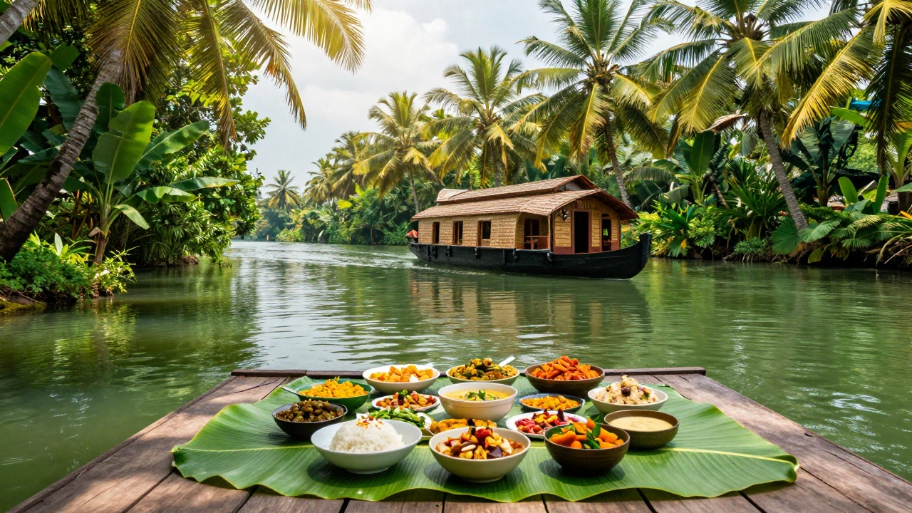 Traditional Sadya feast on a banana leaf beside Kerala's lush green backwaters