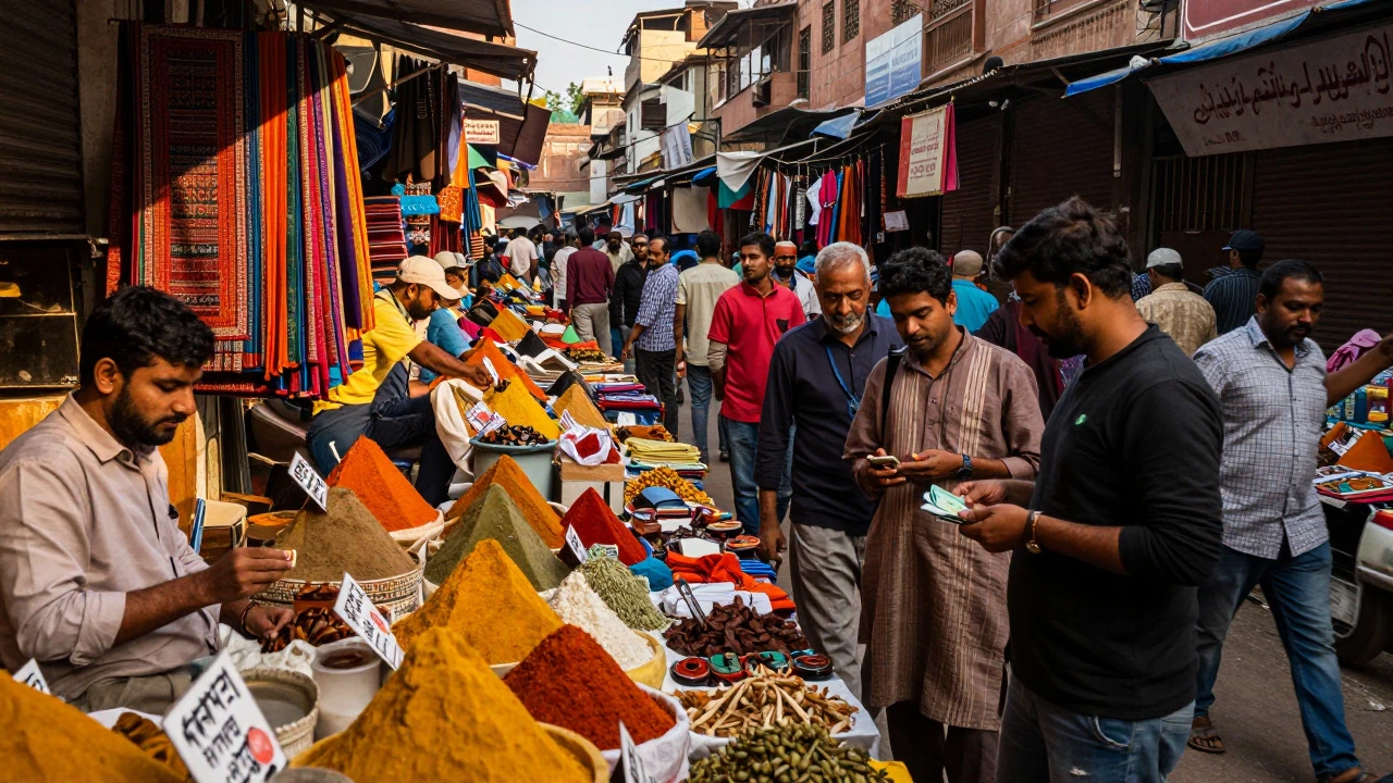 Busy street market in Delhi with travelers haggling over colorful spices and goods