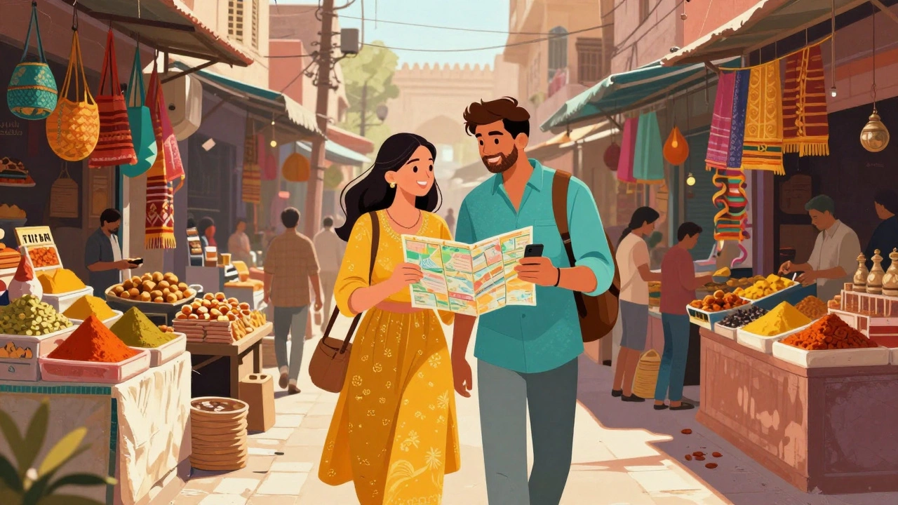 Couple exploring colorful local market as tourists