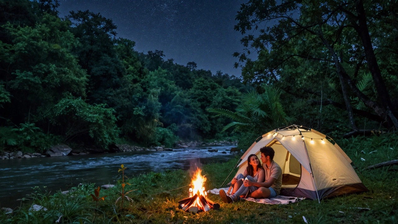 Couple glamping under stars with campfire in forest