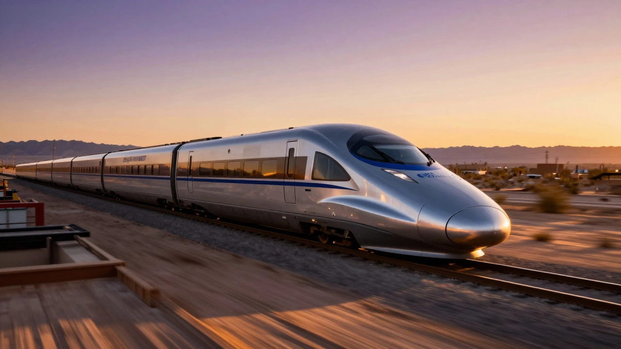 Futuristic high-speed train traveling through desert at sunset