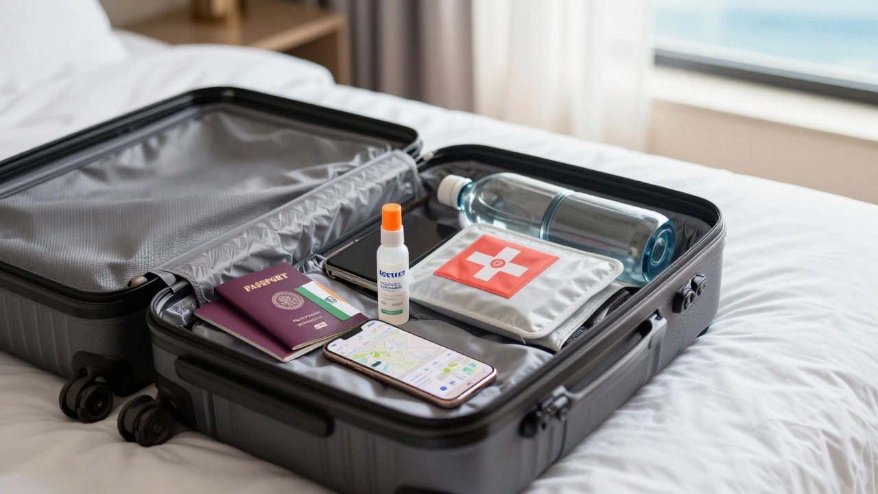 Packed suitcase with passport, repellent, and first aid kit for safe travel