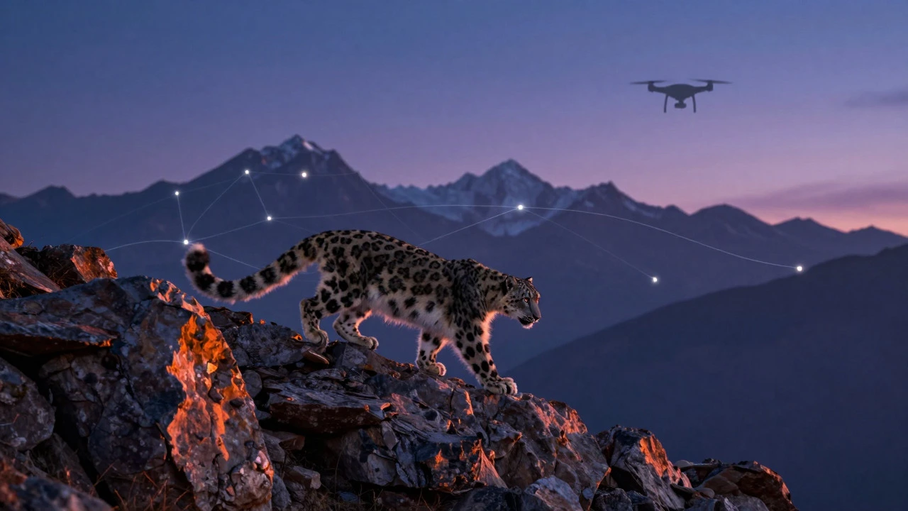 Snow leopard tracked by drones and GPS data in mountainous terrain