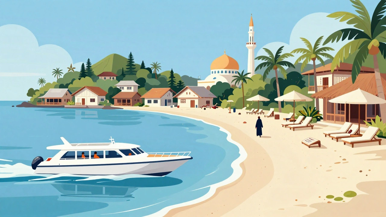 Split view comparing local island guesthouses with luxury resort beaches