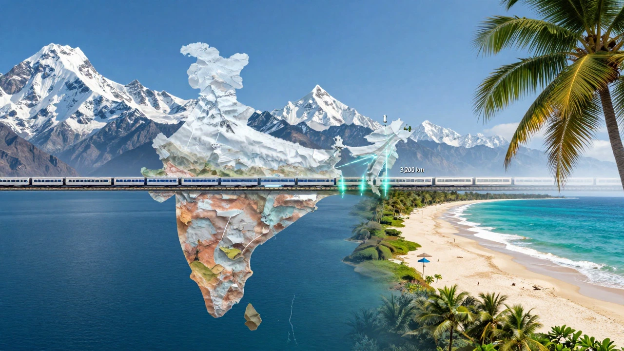 Split view of Himalayas and tropical beaches connected by rail