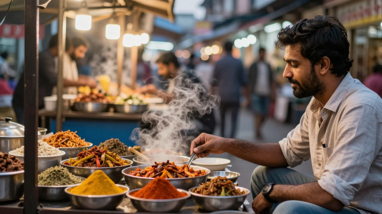 Traveler enjoying street food at a bustling Indian market