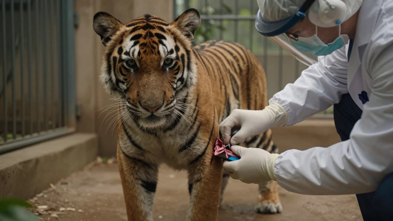 Veterinarian treating a rescued Bengal tiger cub in a sanctuary enclosure