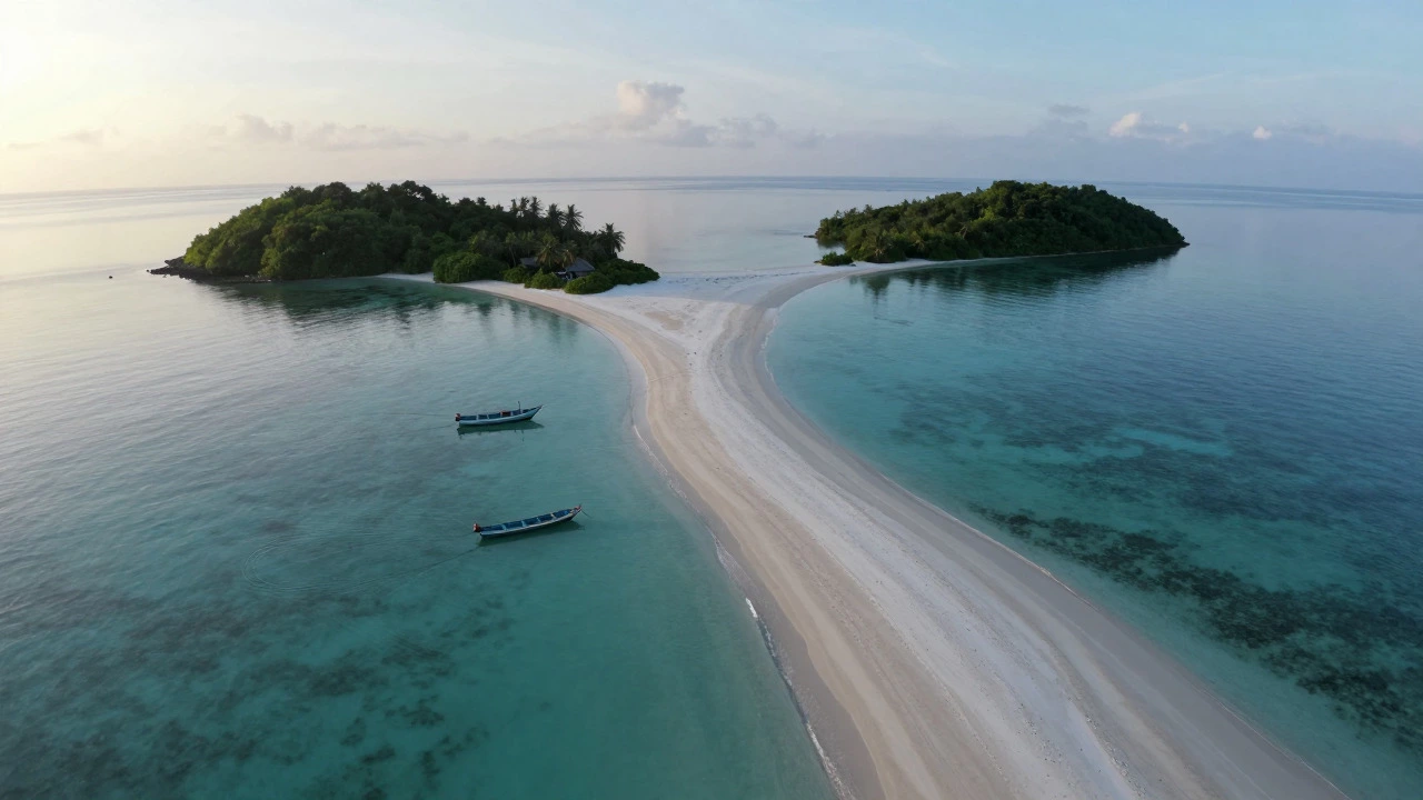 Aerial view of Bangaram Island sandbar connecting two islands