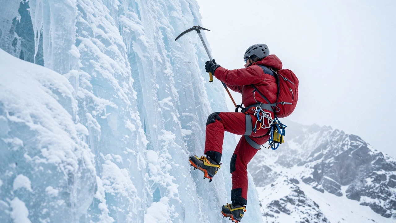 Climber using an ice axe on a vertical ice wall