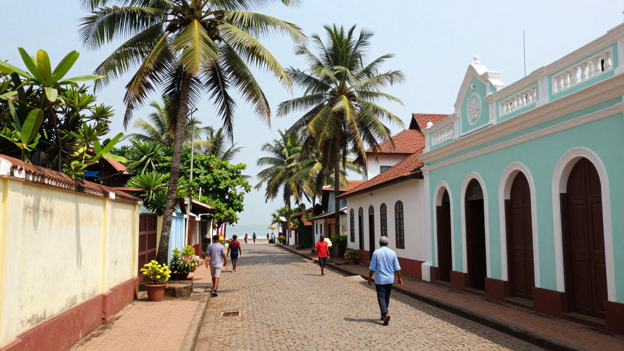 Colonial streets and coconut trees on Divar Island, Goa