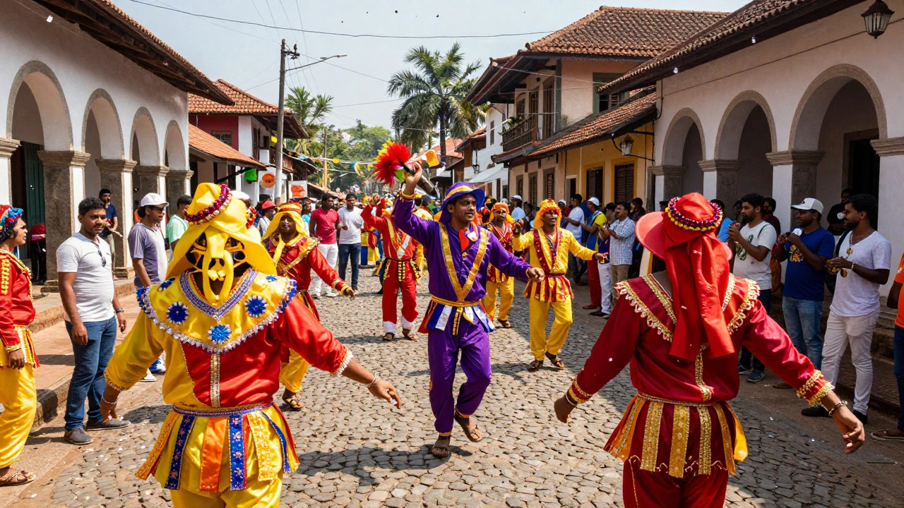 Colorful costumed dancers celebrating a festival on a cobblestone street