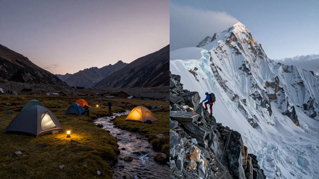 Comparison of a peaceful trekking camp and a rugged climbing ridge