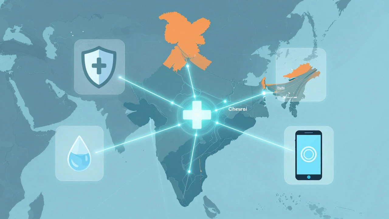 Digital map of India with travel safety and tech icons
