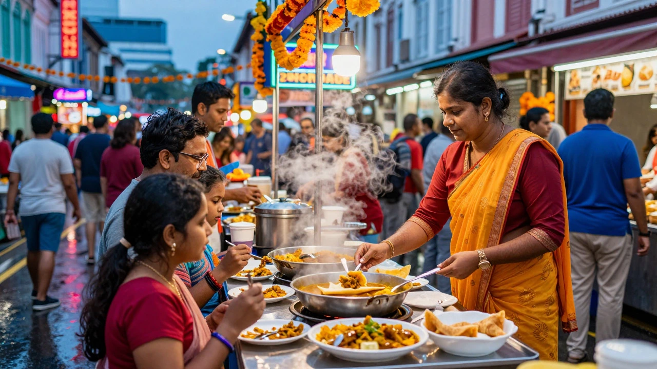 Family eating roti prata at Singapore Little India hawker center
