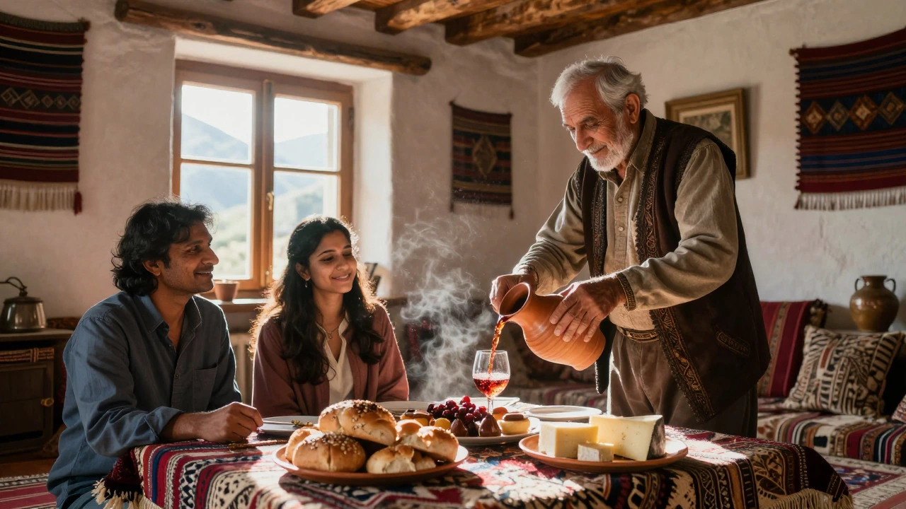 Georgian host serving wine and food to Indian guests