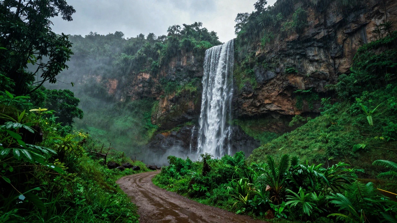 Powerful waterfall surrounded by lush greenery during the monsoon season