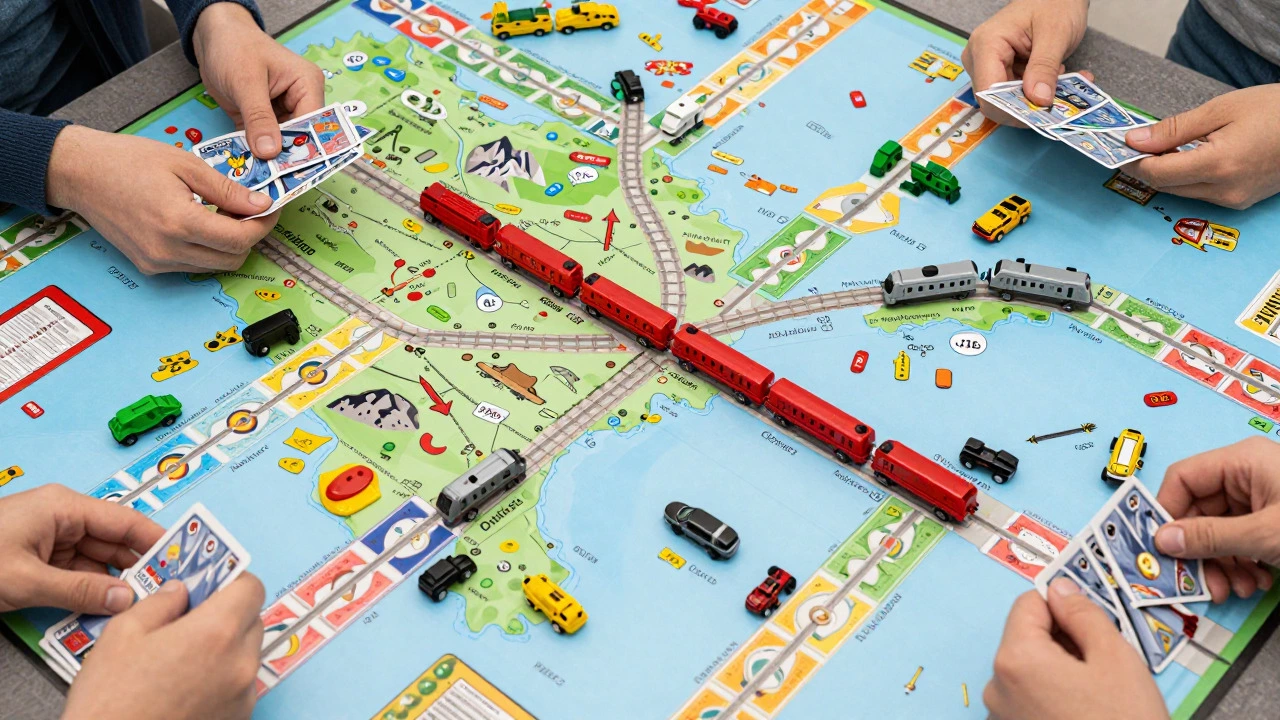 Top-down view of a Ticket to Ride map with trains placed on railway routes