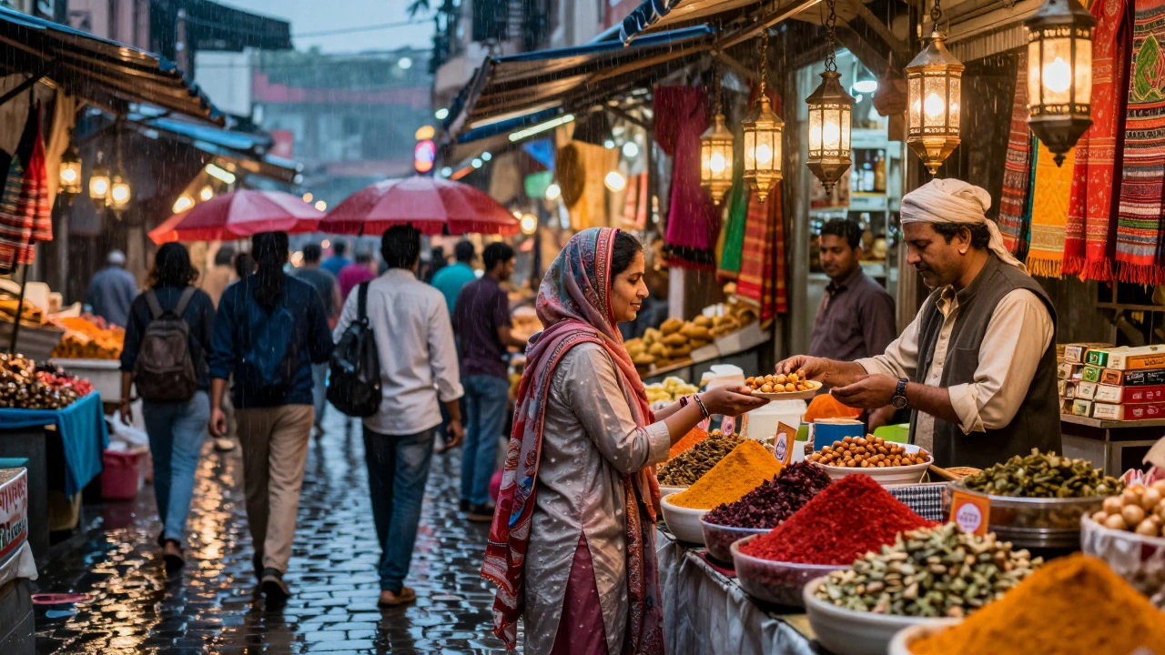Tourist interacting with vendor in vibrant rainy Indian market