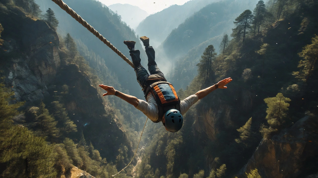 Bungee jumper free-falling from a platform into a valley in Rishikesh