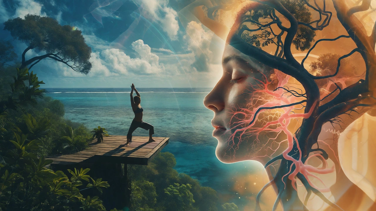 Double exposure art merging yoga practitioner with forest roots and ocean
