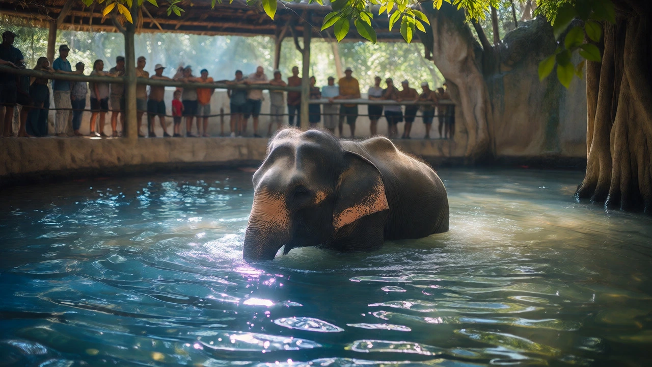 Elephant bathing in river observed by tourists from ethical viewing hide