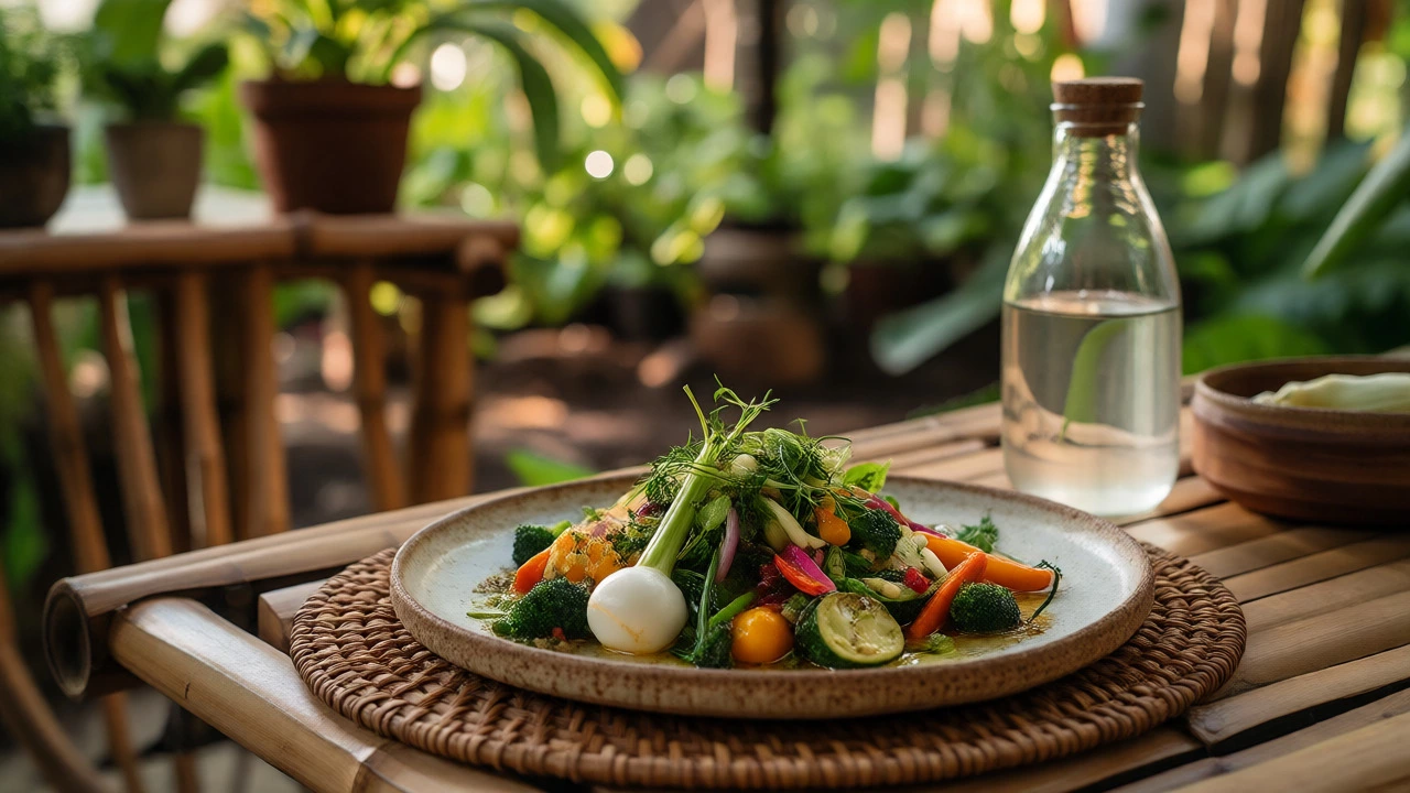 Fresh organic farm-to-table meal served with reusable glass water bottle