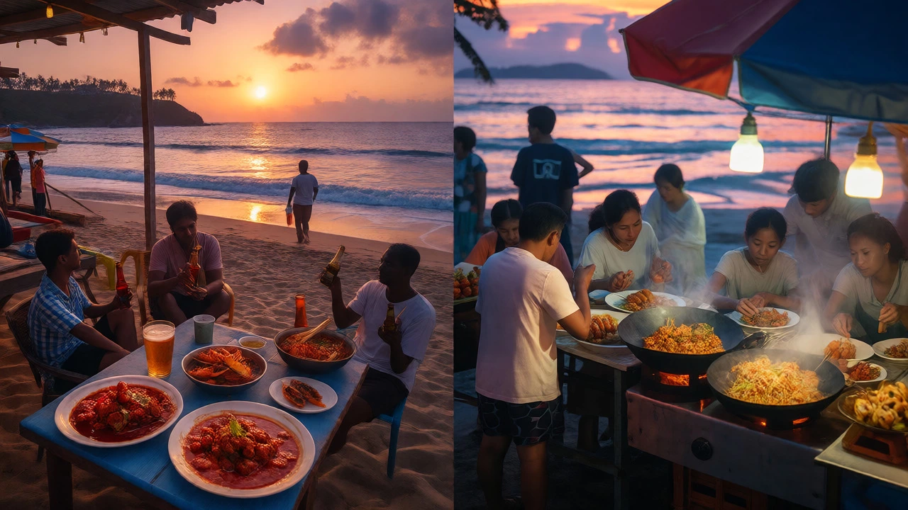 Goa beach beer sunset vs Phuket street food night market scene
