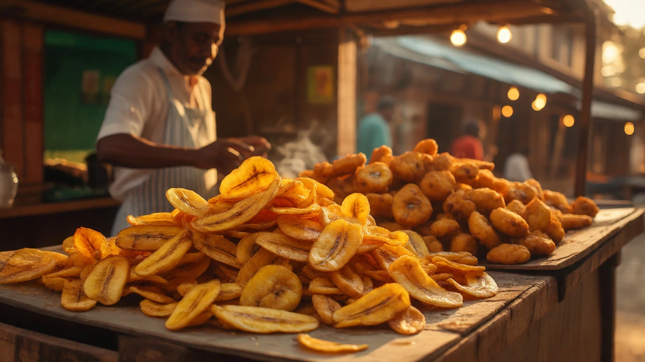 Golden crispy banana chips and fried plantain fritters at a Kerala street food stall