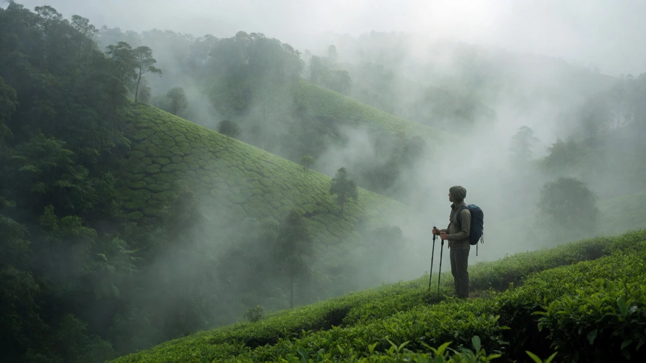Lone trekker overlooking misty tea plantations and shola forests in Kerala Western Ghats