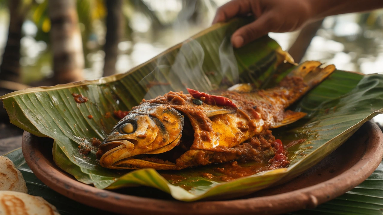 Steaming Karimeen Pollichathu fish wrapped in banana leaf with spicy masala coating