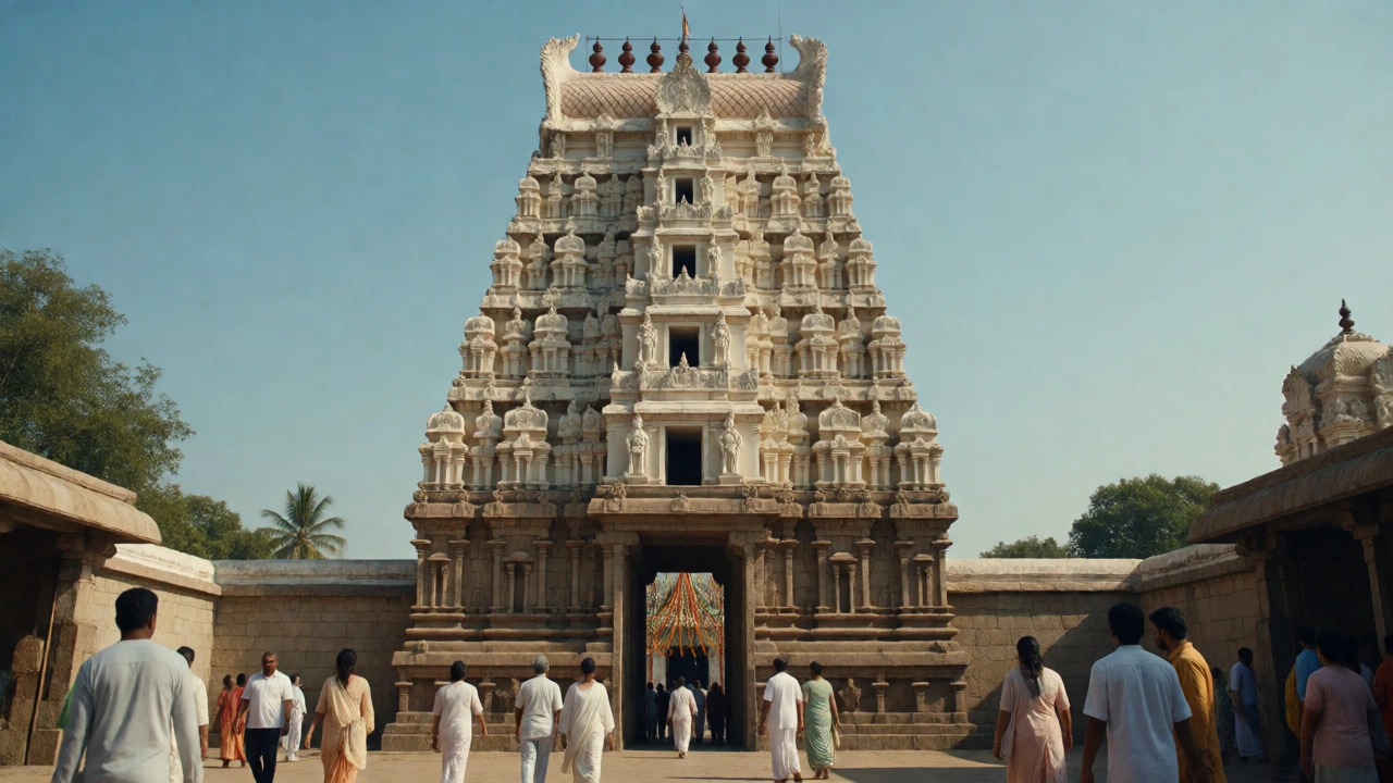 Tourists visiting Madurai temple under clear winter skies