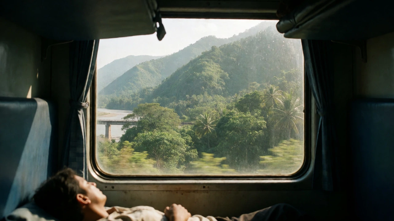 View from train window showing Konkan Railway greenery