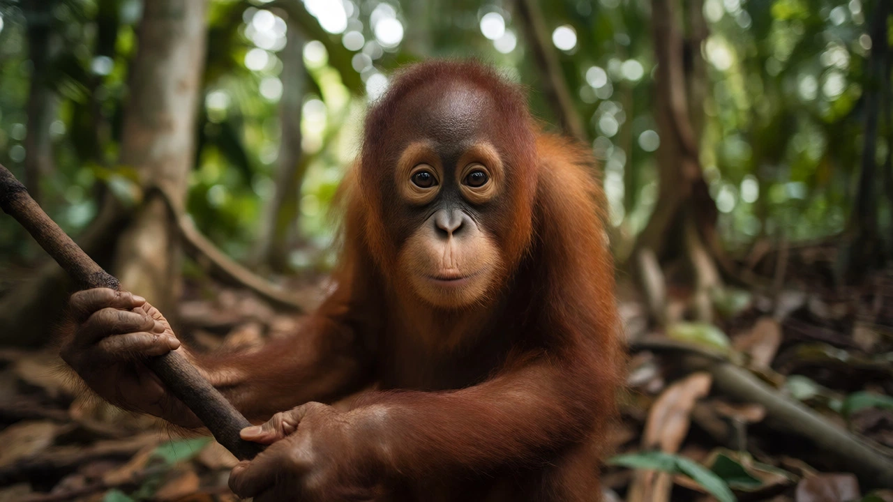 Young orangutan in semi-wild forest rehab center looking at camera