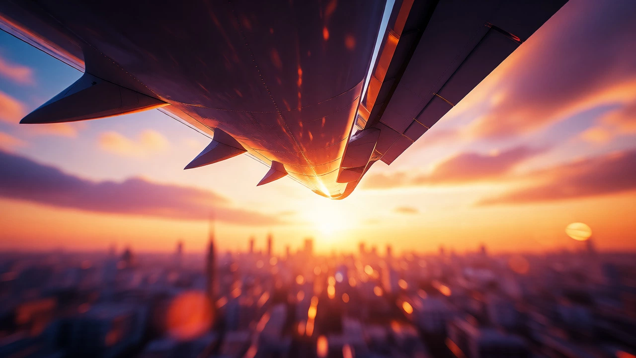 Airplane wing against a sunset sky with Indian city silhouettes below.