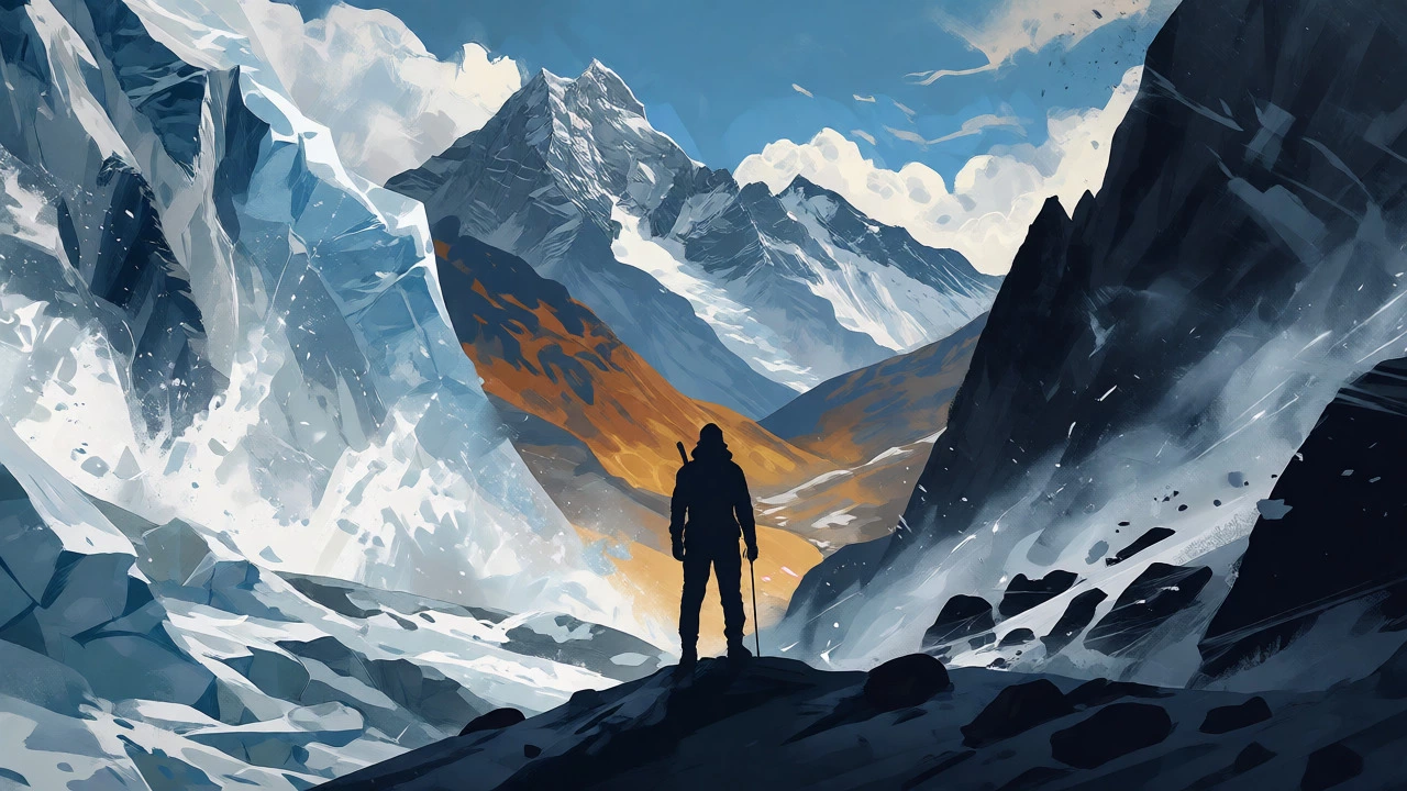 Artistic comparison of deadly peaks Annapurna and K2 versus safer Indian trekking routes.