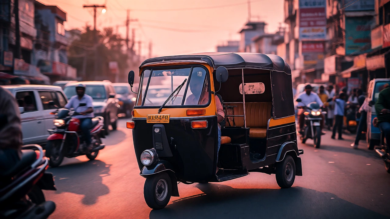 Auto-rickshaw driving through a busy South Indian city street at sunset