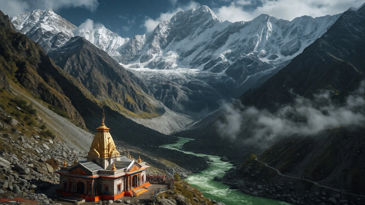 Badrinath Temple in the Himalayas with Alaknanda River below