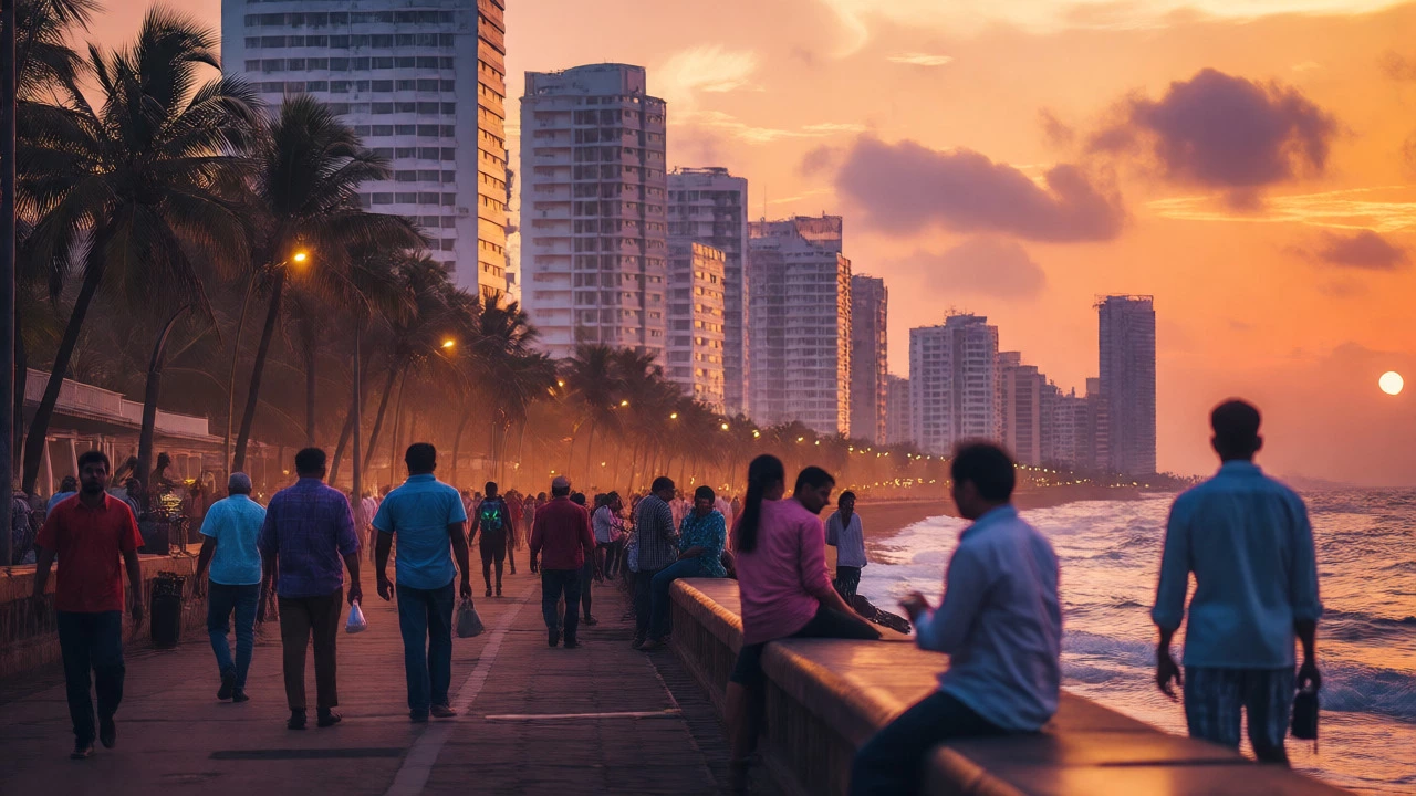 Bustling Marine Drive promenade in Mumbai during golden hour sunset