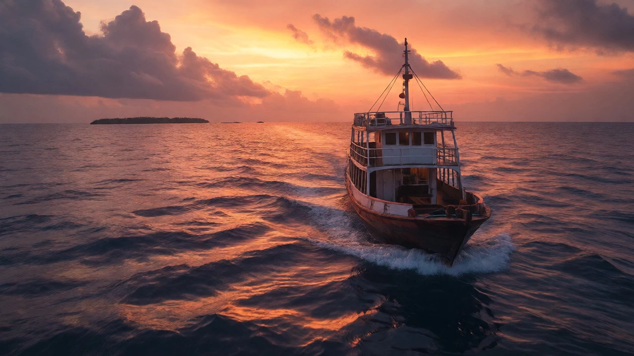 Ferry boat sailing on the Arabian Sea towards an island silhouette at sunset.
