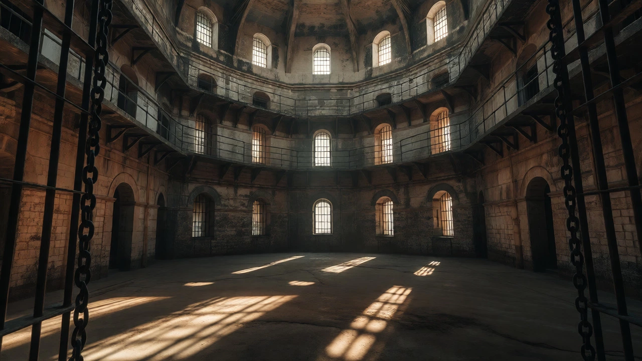 Interior of the Cellular Jail with radial wings and dramatic shadows