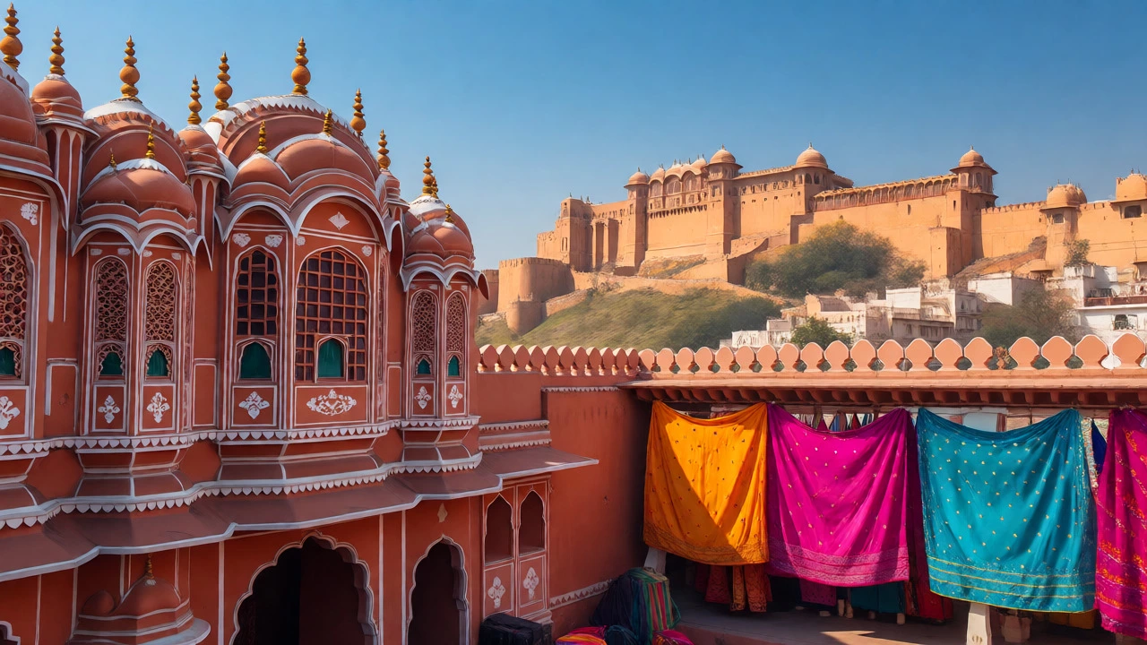 Jaipur's Hawa Mahal and Amber Fort with colorful market stalls