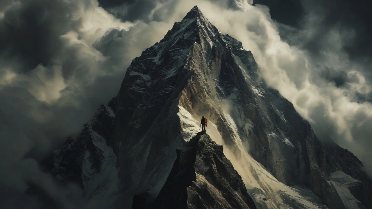 Lone climber navigating the storm-shrouded, jagged summit of K2, the Savage Mountain.