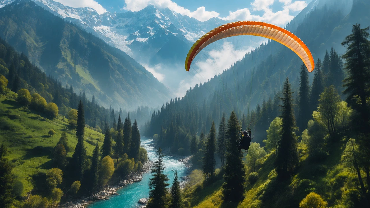 Paraglider flying over pine forests and rivers in Himachal Pradesh