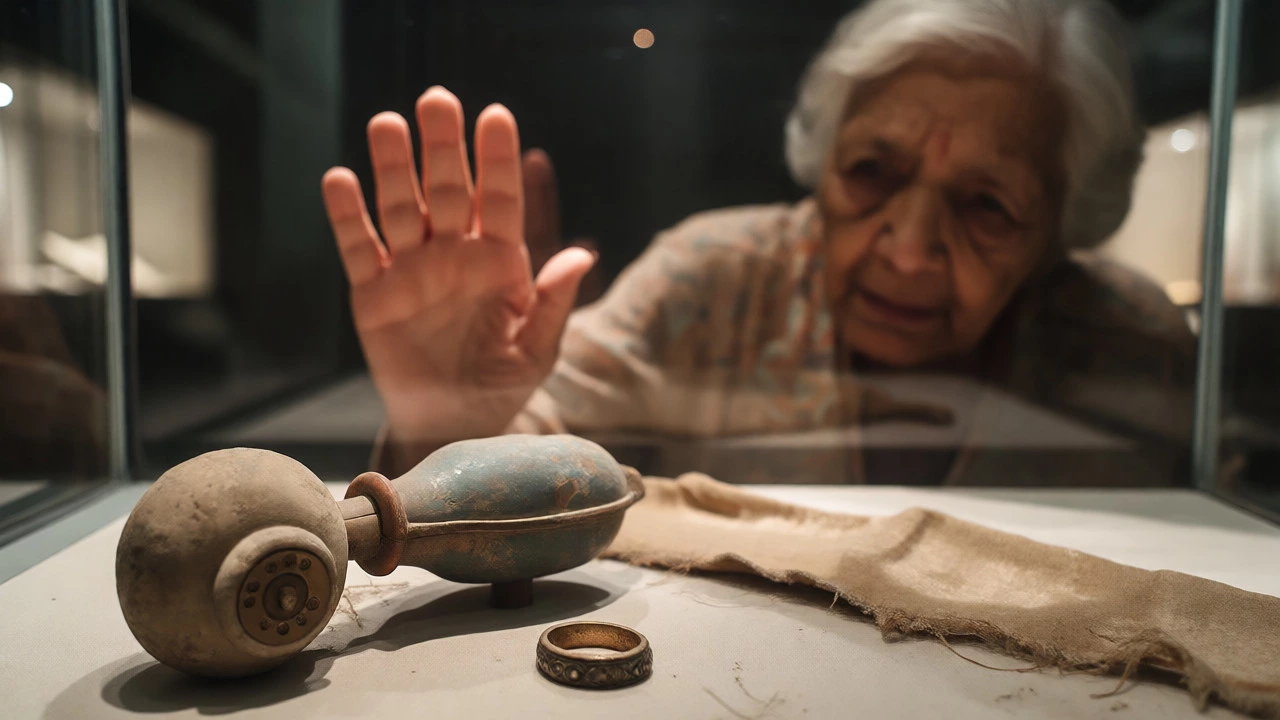 Personal refugee artifacts in a museum case with a visitor's hand
